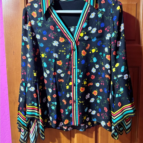 Alice + Olivia Multicolor Floral Blouse with Striped Details - Picture 3 of 4